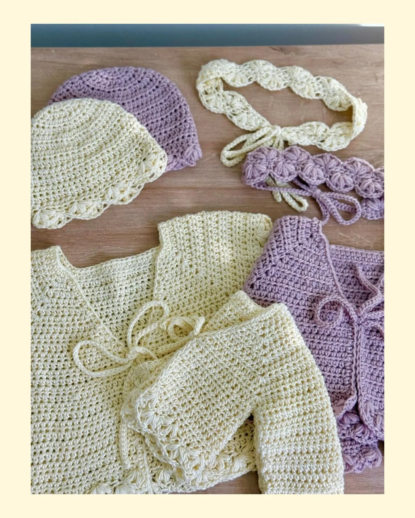 Cream and lavender Spring Lotus cardigans, hats, and headbands